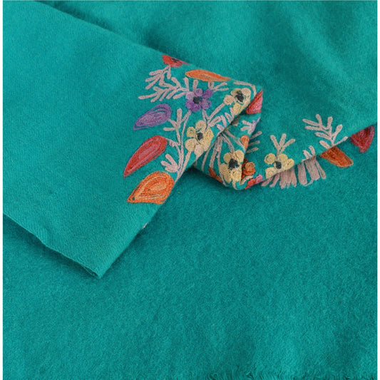 Sanskriti Vintage Turquoise Woolen Shawl Hand Embroidered Ari Work Stole Scarf
