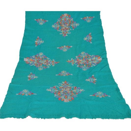 Sanskriti Vintage Turquoise Woolen Shawl Hand Embroidered Ari Work Stole Scarf