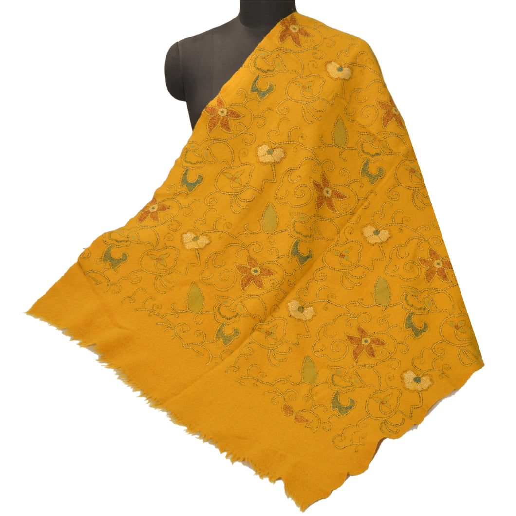 Sanskriti Vintage Mustard Woolen Shawl Hand Embroidered Kantha Work Stole Scarf