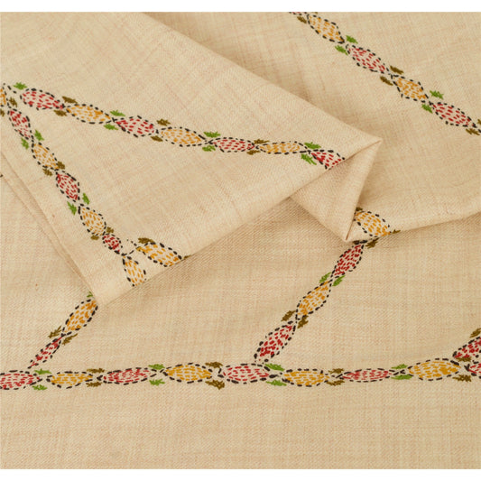 Sanskriti Vintage Cream Woolen Shawl Hand Embroidered Kantha Work Stole Scarf