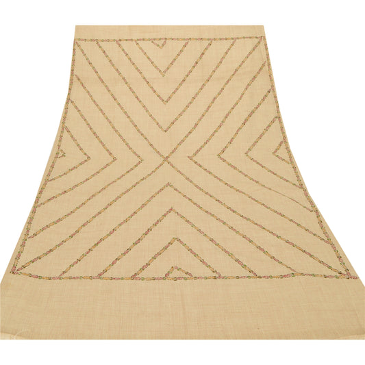 Sanskriti Vintage Cream Woolen Shawl Hand Embroidered Kantha Work Stole Scarf