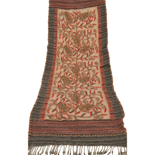 Sanskriti Vintage Cream Woolen Shawl Hand Embroidered Ari Work Stole Long Scarf