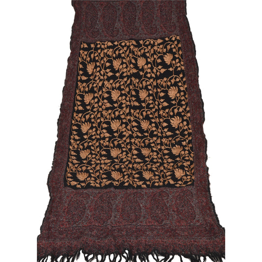 Sanskriti Vintage Black Woolen Shawl Hand Embroidered Ari Work Stole Long Scarf