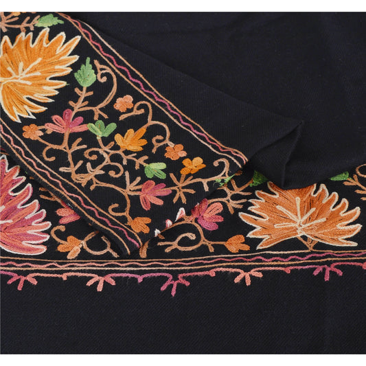 Sanskriti Vintage Black Woolen Shawl Hand Embroidered Ari Work Stole Warm Scarf