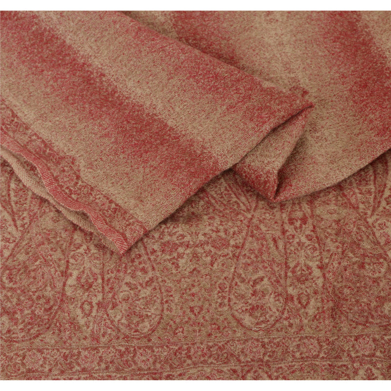 Sanskriti Vintage Pink Woolen Shawl Woven Work Long Stole Soft Warm Scarf Floral