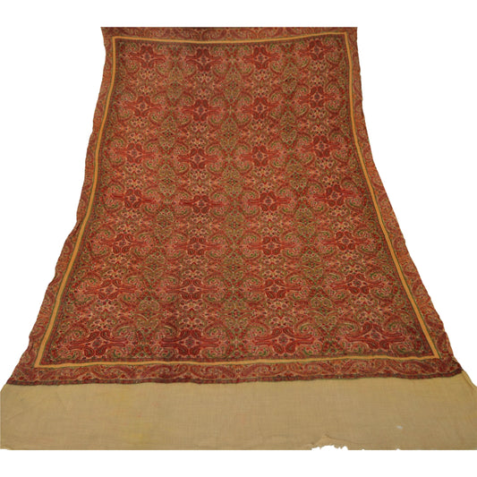 Sanskriti Vintage Cream Woolen Shawl Woven Work Long Stole Soft Scarf Floral