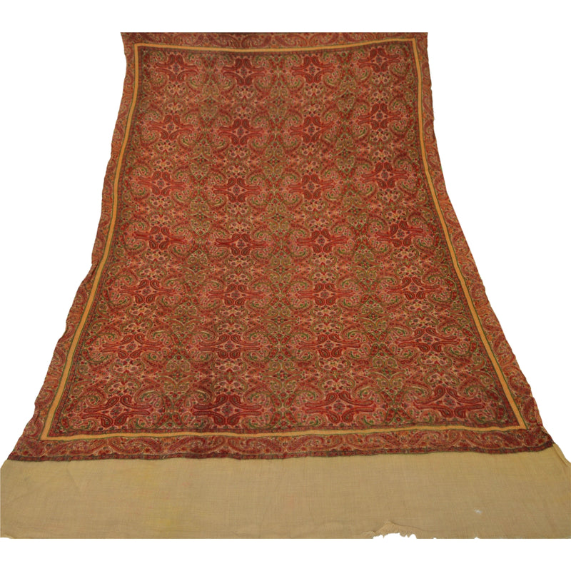 Sanskriti Vintage Cream Woolen Shawl Woven Work Long Stole Soft Scarf Floral