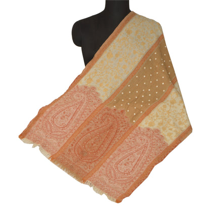 Sanskriti Vintage Cream Woolen Shawl Hand Embroidered Ari Work Stole Warm Scarf