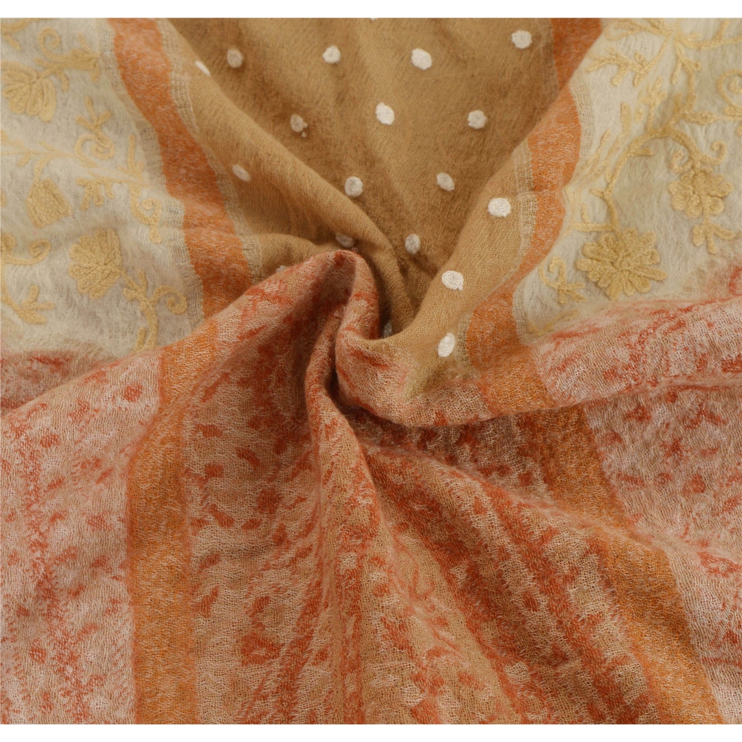 Sanskriti Vintage Cream Woolen Shawl Hand Embroidered Ari Work Stole Warm Scarf