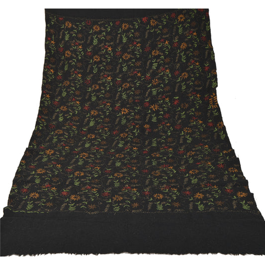 Sanskriti Vintage Black Woolen Shawl Hand Embroidered Long Stole Soft Warm Scarf
