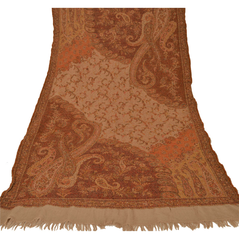Sanskriti Vintage Brown Woolen Shawl Woven Work Long Stole Soft Scarf Floral