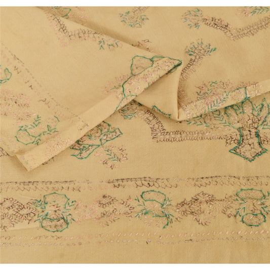 Sanskriti Vintage Cream Woolen Shawl Hand Embroidered Suzani Work Stole Scarf