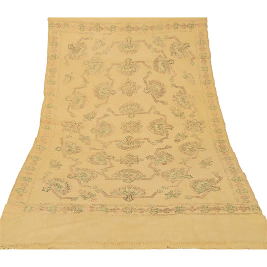 Sanskriti Vintage Cream Woolen Shawl Hand Embroidered Suzani Work Stole Scarf