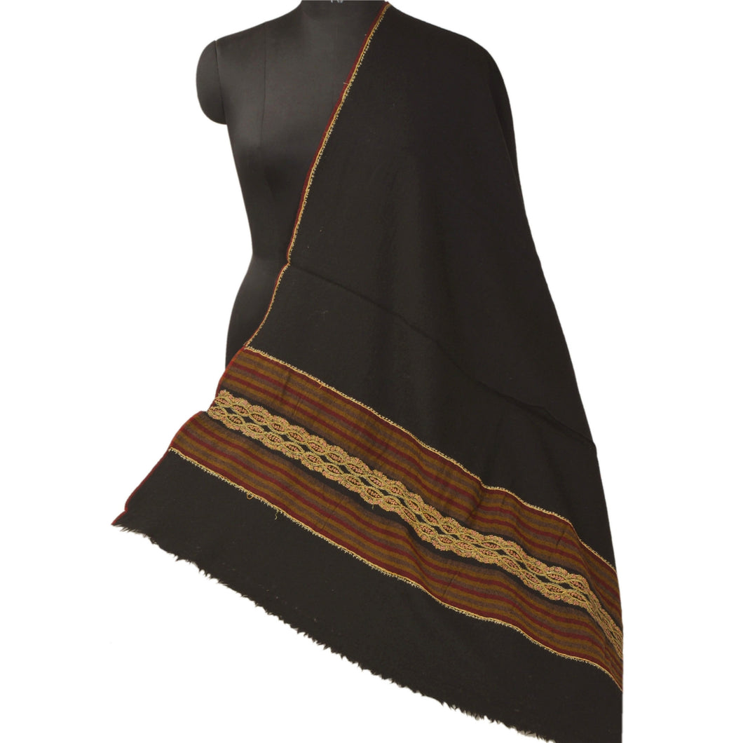 Sanskriti Vintage Black Woolen Shawl Hand Embroidered Suzani Work Stole Scarf