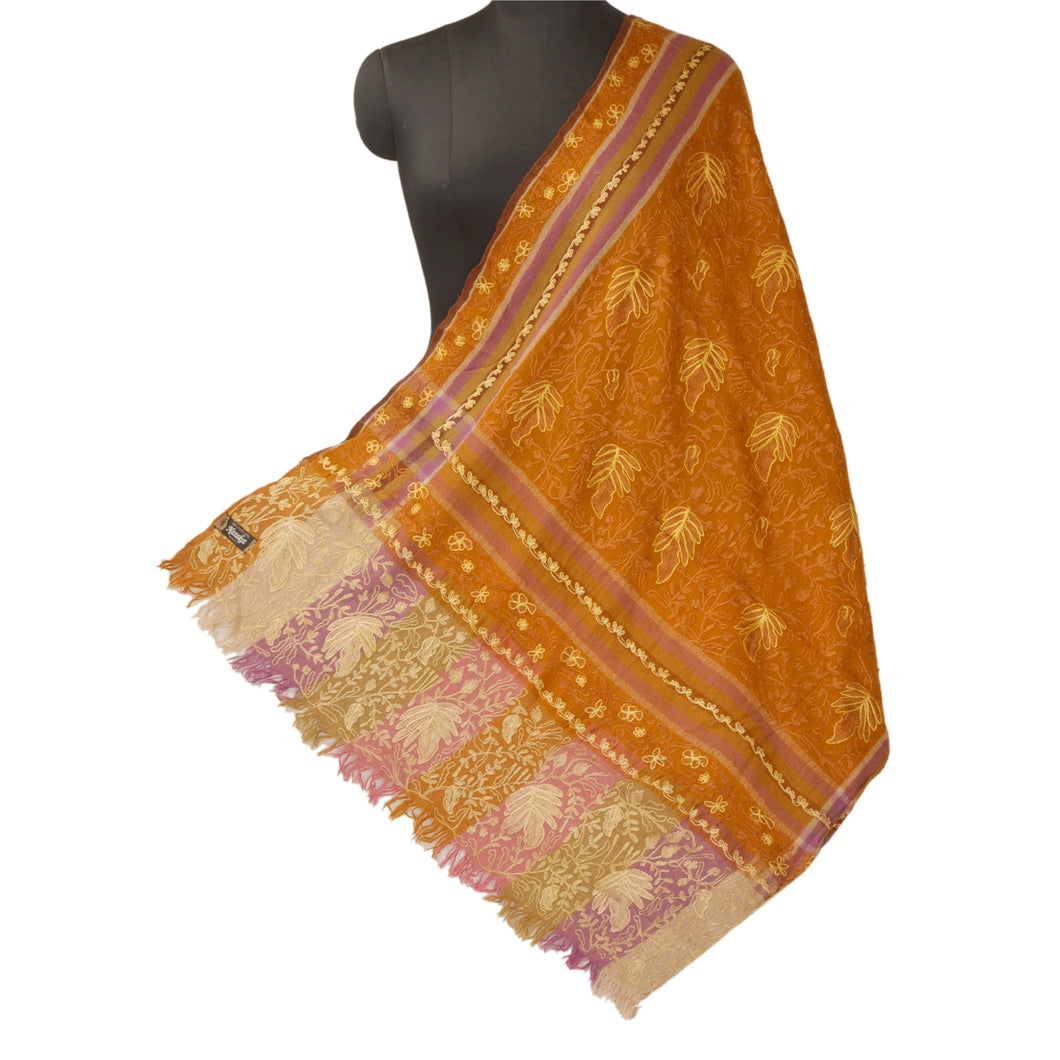 Sanskriti Vintage Saffron Woolen Shawl Hand Embroidered Ari Work Stole Scarf