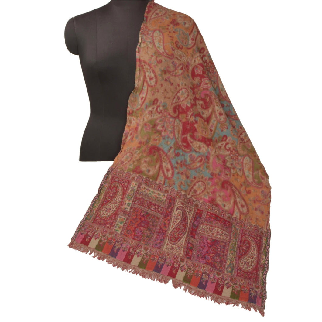 Sanskriti Vintage Multi Color Woolen Shawl Woven Work Long Stole Soft Scarf