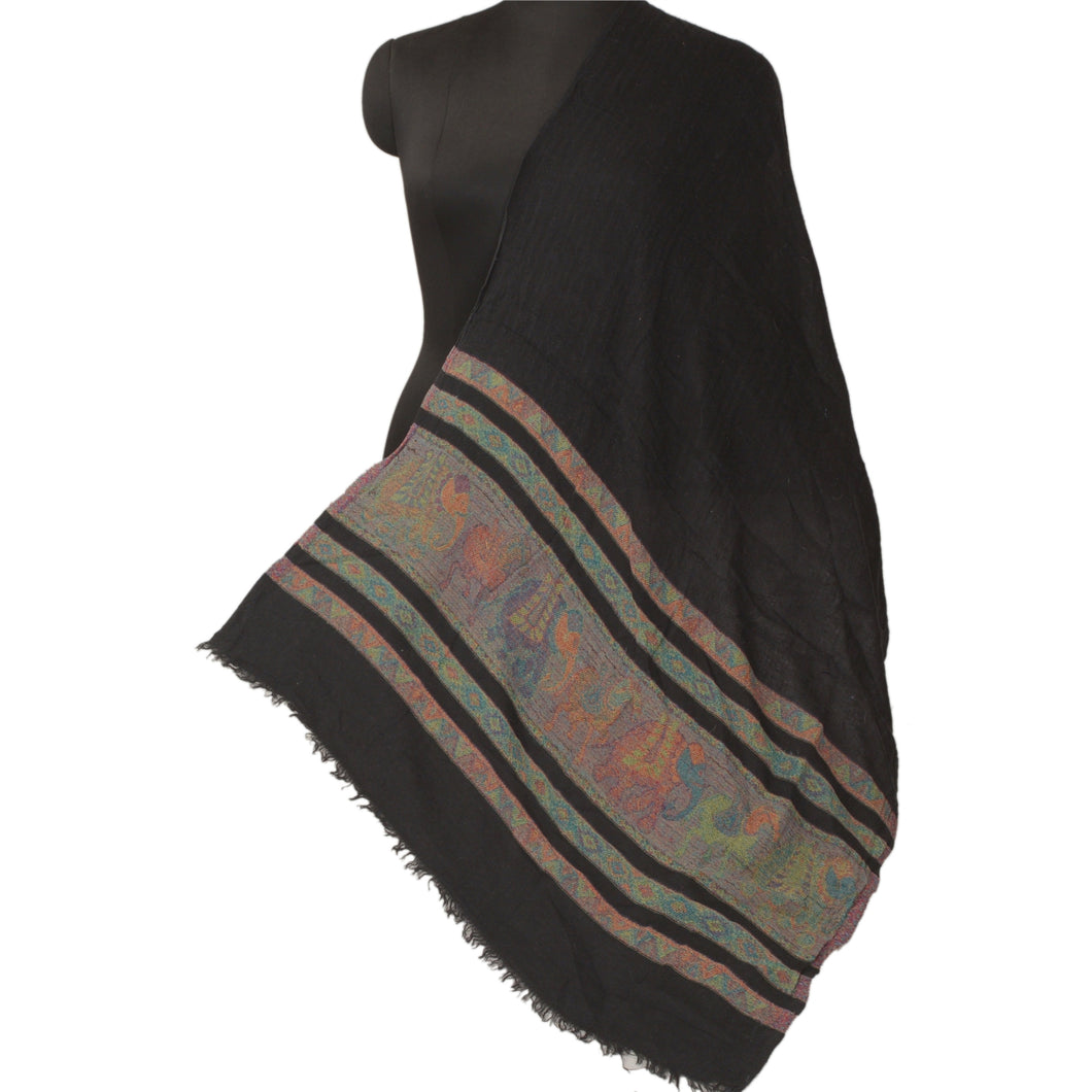 Sanskriti Vintage Black Woollen Shawl Woven Work Long Soft Stole Animal Scarf
