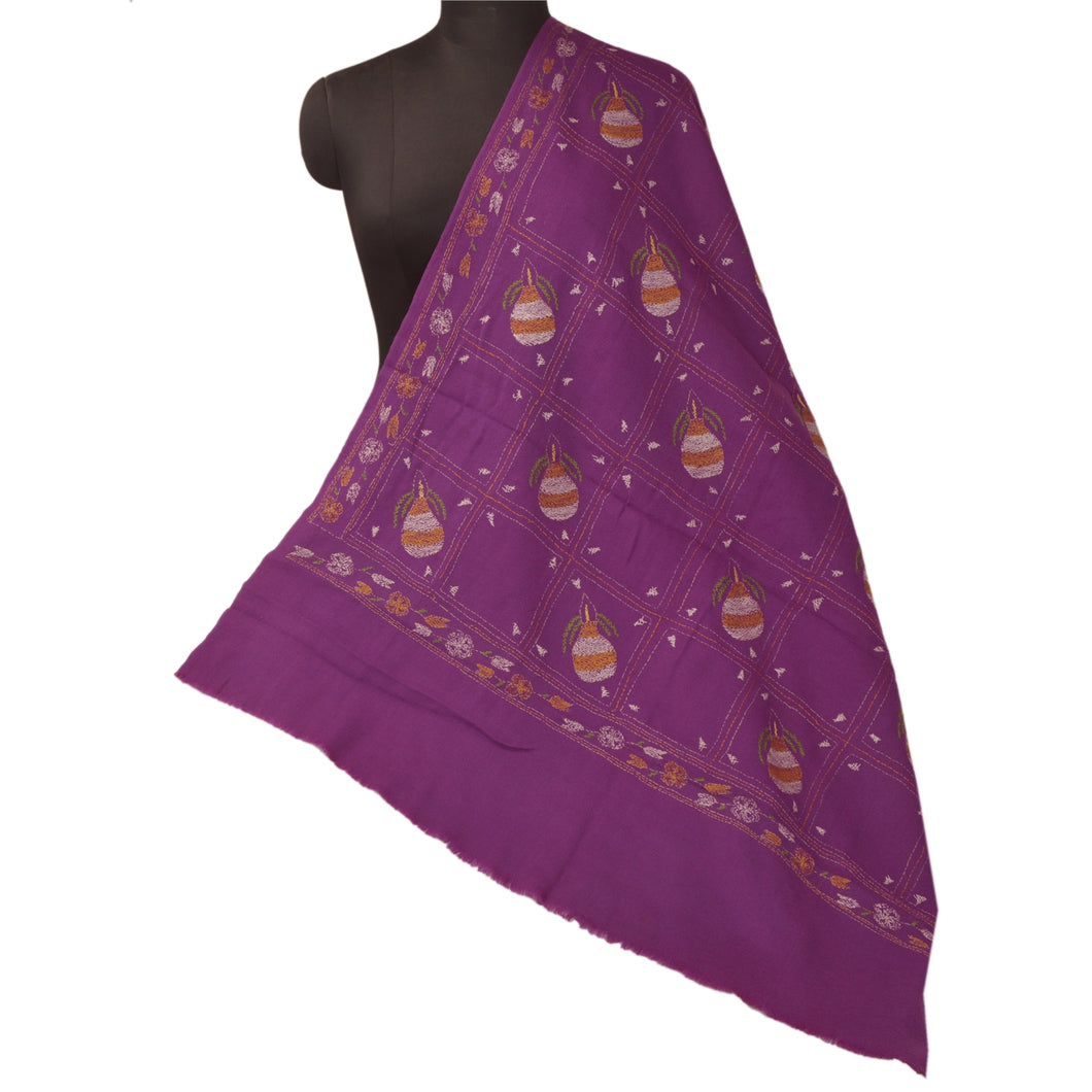 Sanskriti Vintage Purple Woolen Shawl Hand Embroidered Kantha Work Stole Scarf