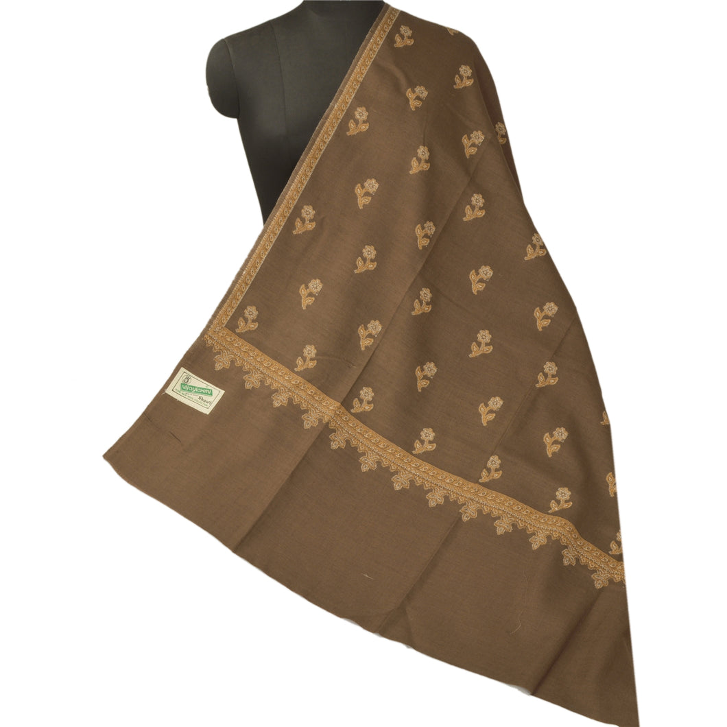 Sanskriti Vintage Brown Woolen Shawl Embroidered Long Stole Soft Scarf Floral