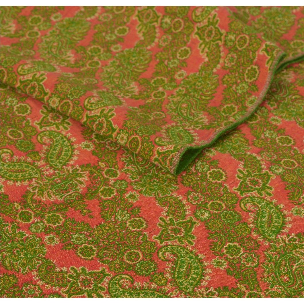 Sanskriti Vintage Green Woolen Shawl Woven Work Long Stole Soft Scarf Floral