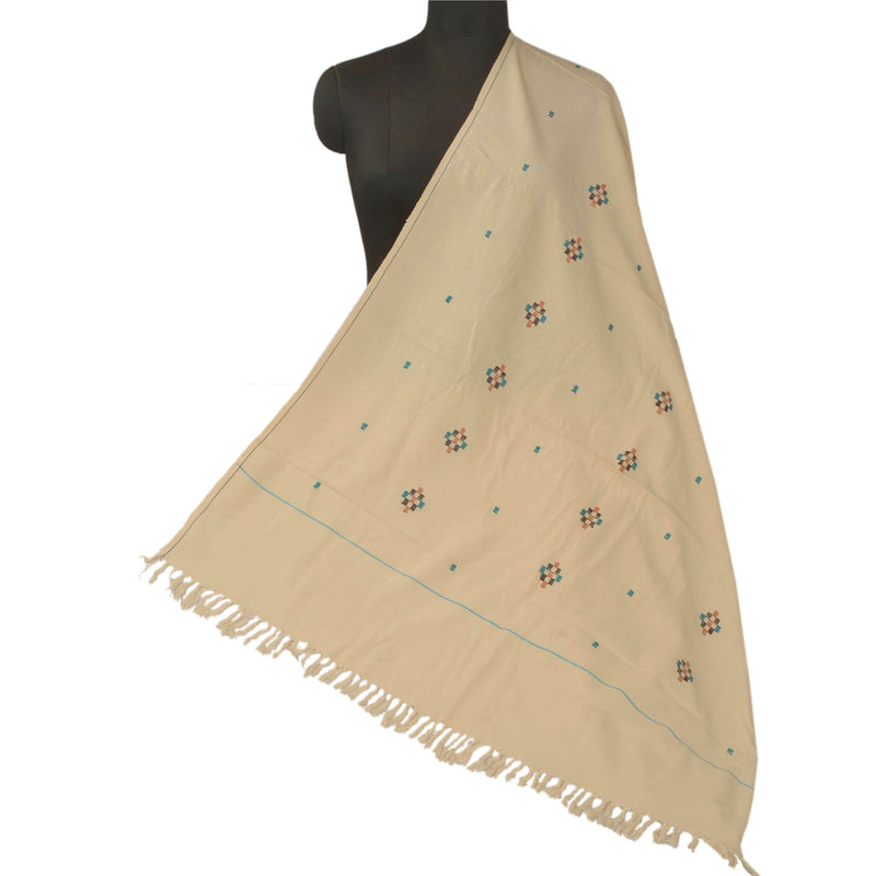 Sanskriti Vintage Cream Woolen Shawl Hand Woven Long Stole Soft Scarf Floral
