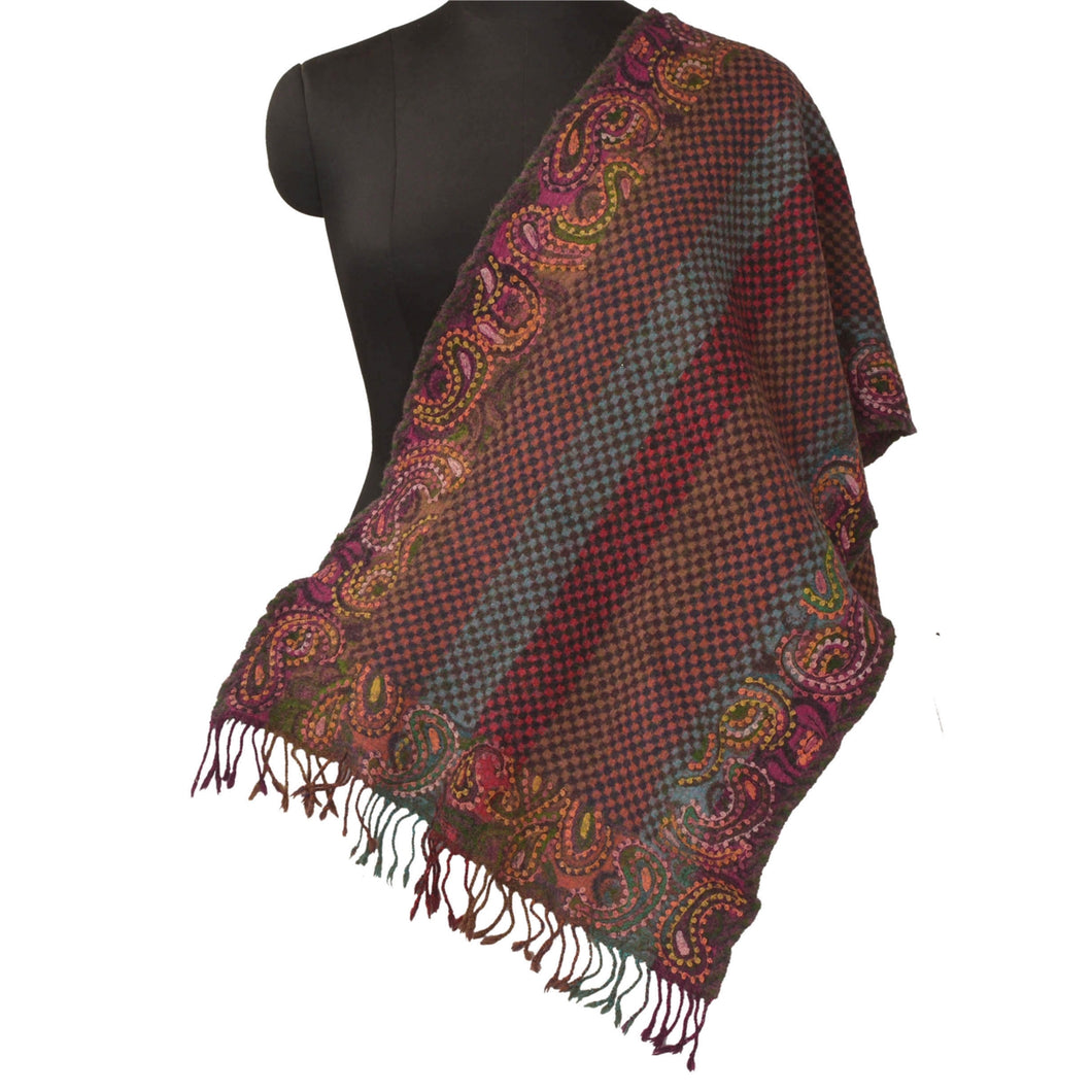 Sanskriti Vintage Woollen Shawl Embroidered Woven Work Long Stole Paisley Scarf