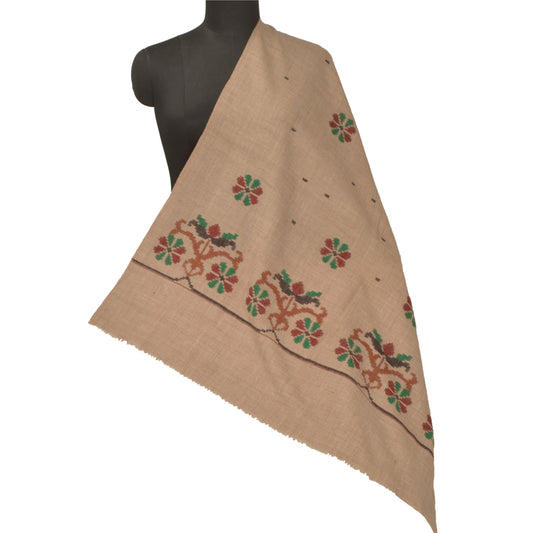 Sanskriti Vintage Brown Woollen Shawl Hand Embroidered Throw Long Stole Scarf