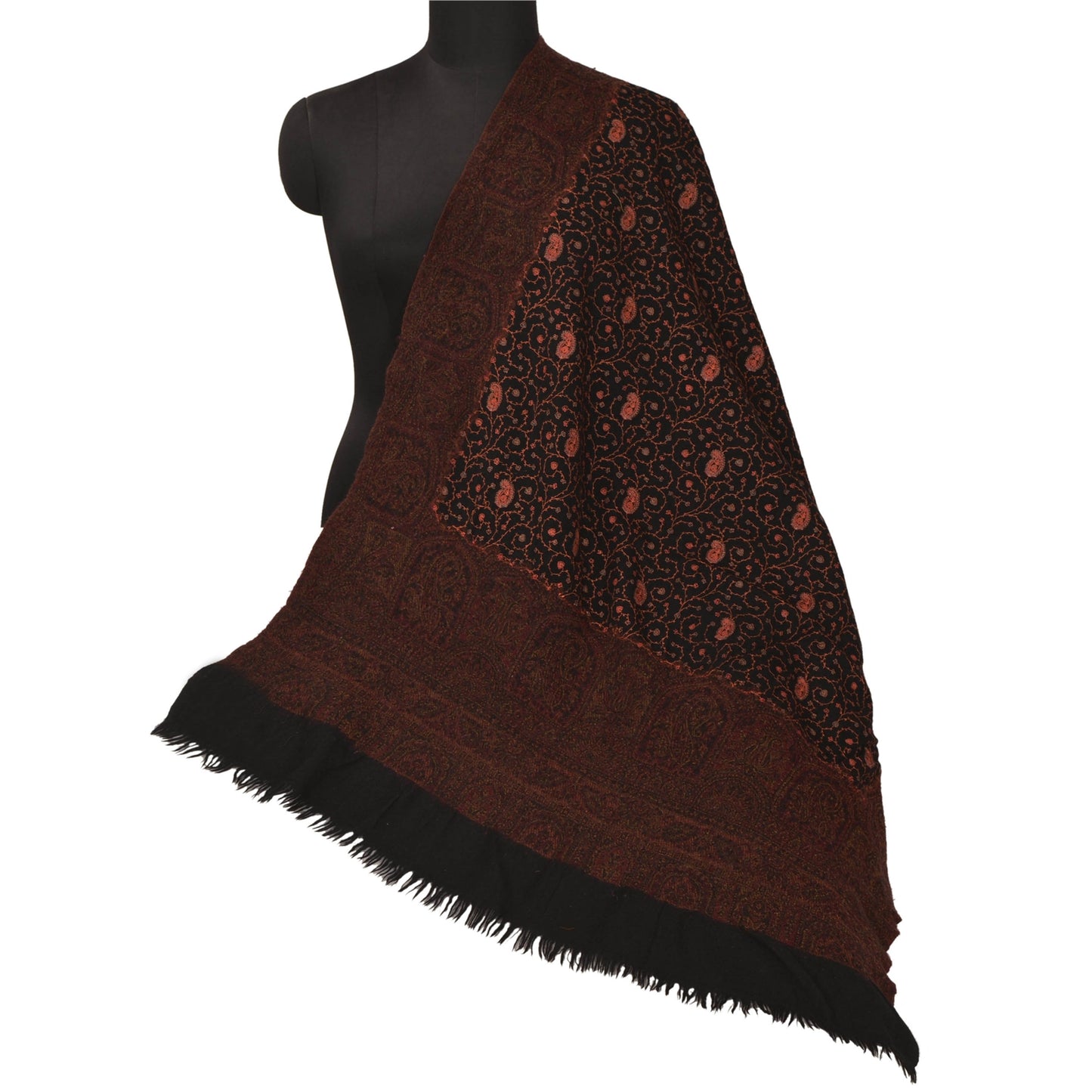 Sanskriti Vintage Long Shawl Black Handmade Woolen Suzani Work Woven Throw Stole