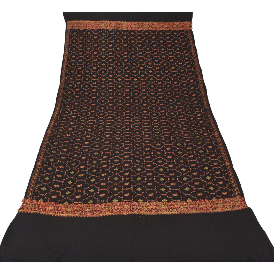 Sanskriti Vintage Long Shawl Black Embroidered Woolen Scarf Throw Soft Stole