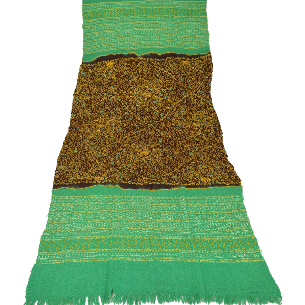 Sanskriti Vintage Long Shawl Green Handmade Ari Work Woolen Scarf Throw Stole