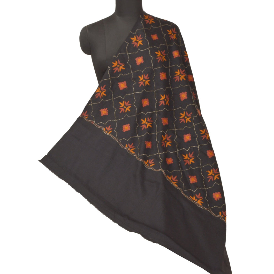 Sanskriti Vintage Long Shawl Black Hand Embroidered Scarf Throw Floral Stole