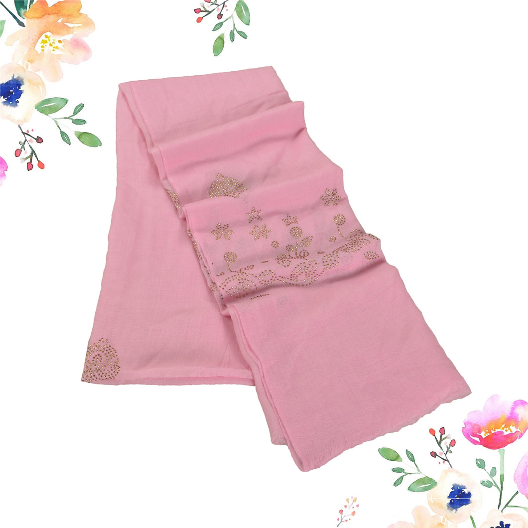 Sanskriti New Pink Pure Fine Wool Shawl Handmade Stone Work Long Stole Scarf