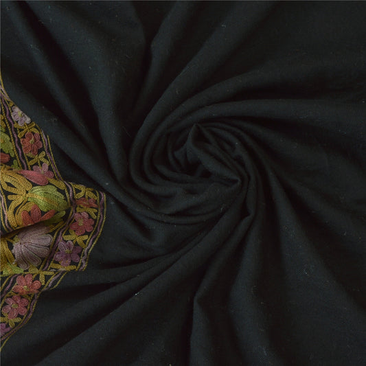 Sanskriti Vintage Black Pure Woolen Shawl Handmade Ari Work Long Stole Scarf