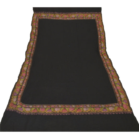 Sanskriti Vintage Black Pure Woolen Shawl Handmade Ari Work Long Stole Scarf
