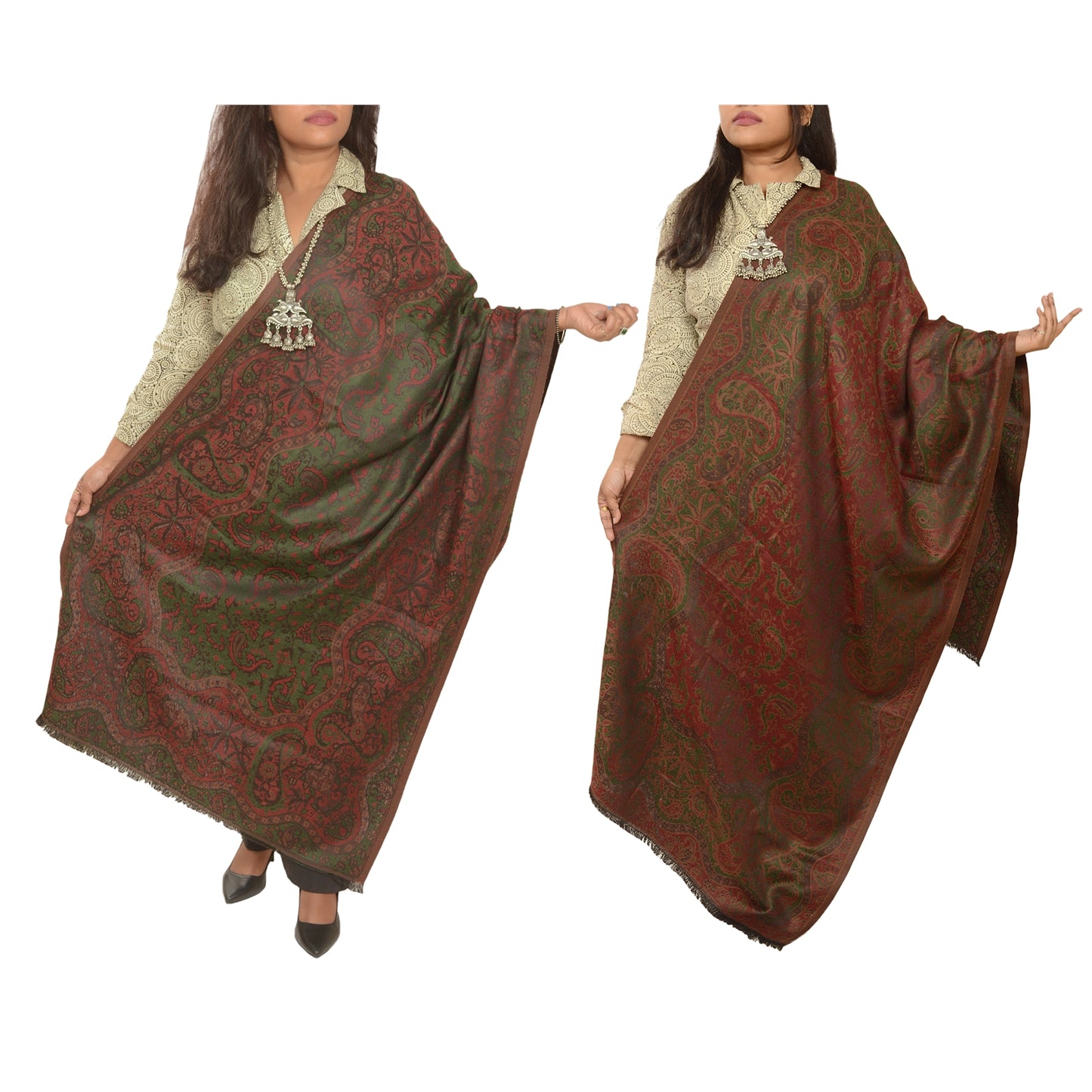 Sanskriti Vintage Dark Red Viscose Reversible Shawl Woven Long Throw Stole