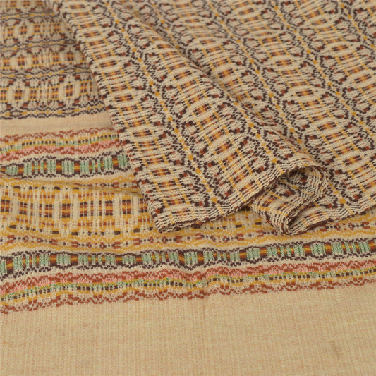 Sanskriti Vintage Cream Woolen Shawl Woven Floral Long Throw Scarf/Stole