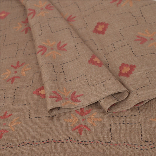 Sanskriti Vintage Brown 100% Pure Woolen Shawl Handmade Kantha Long Throw Stole