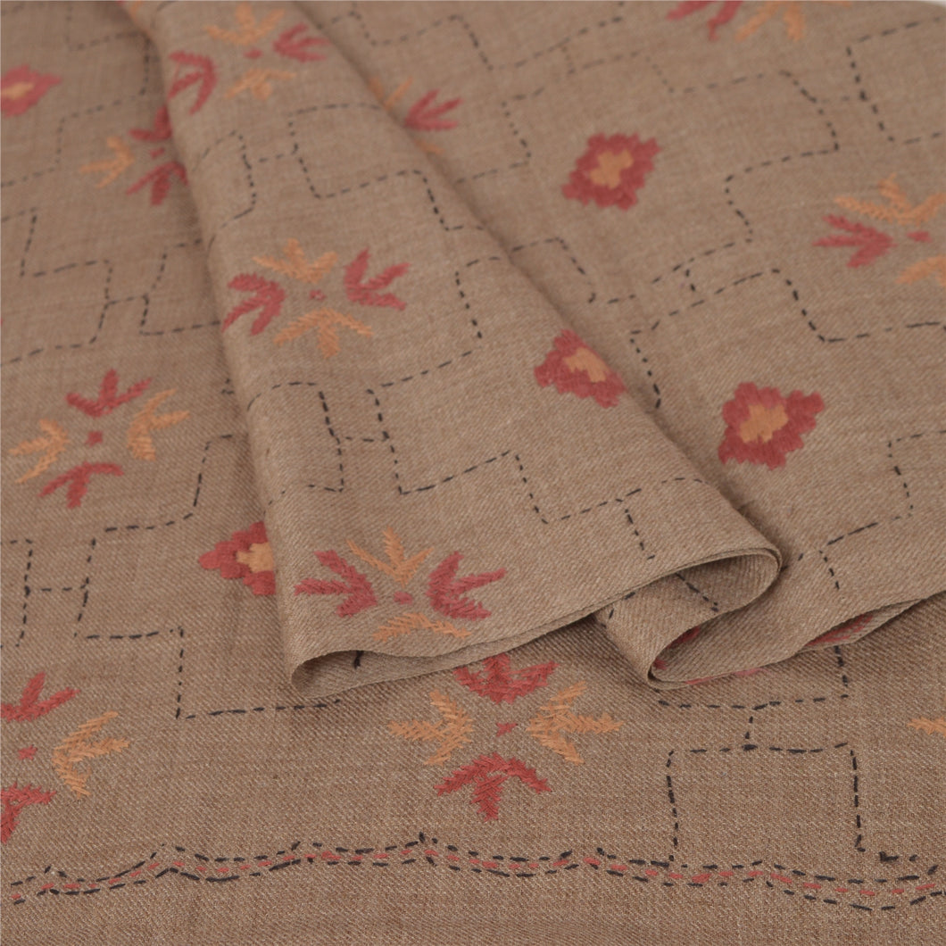 Sanskriti Vintage Brown 100% Pure Woolen Shawl Handmade Kantha Long Throw Stole