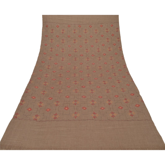 Sanskriti Vintage Brown 100% Pure Woolen Shawl Handmade Kantha Long Throw Stole
