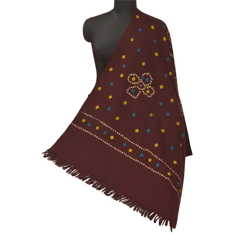 Sanskriti Vintage Dark Brown Pure Woolen Shawl Bandhani Work Long Throw Stole