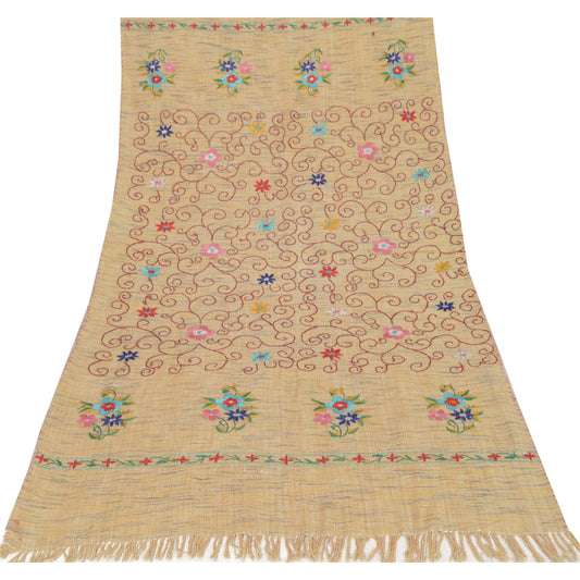 Sanskriti Vintage Cream Pure Handloom Shawl Hand Embroidered Long Throw Stole
