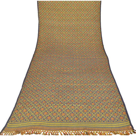 Sanskriti Vintage Long Shawl Blue Woven VIscos Throw Flroal Wrap Soft Stole