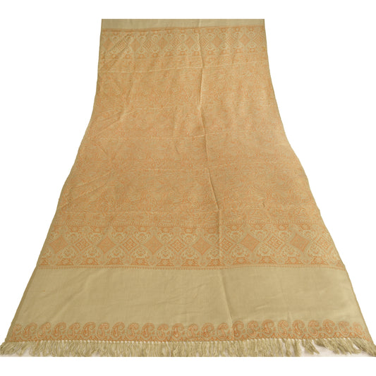 Sanskriti Vintage Long Shawl Beige Woven VIscose Throw Floral Wrap Soft Stole