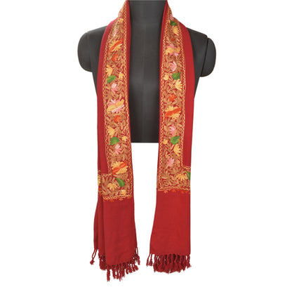 Sanskriti Vintage Long Pure Woolen Dark Red Shawl Handmade Ari Work Scarf Stole