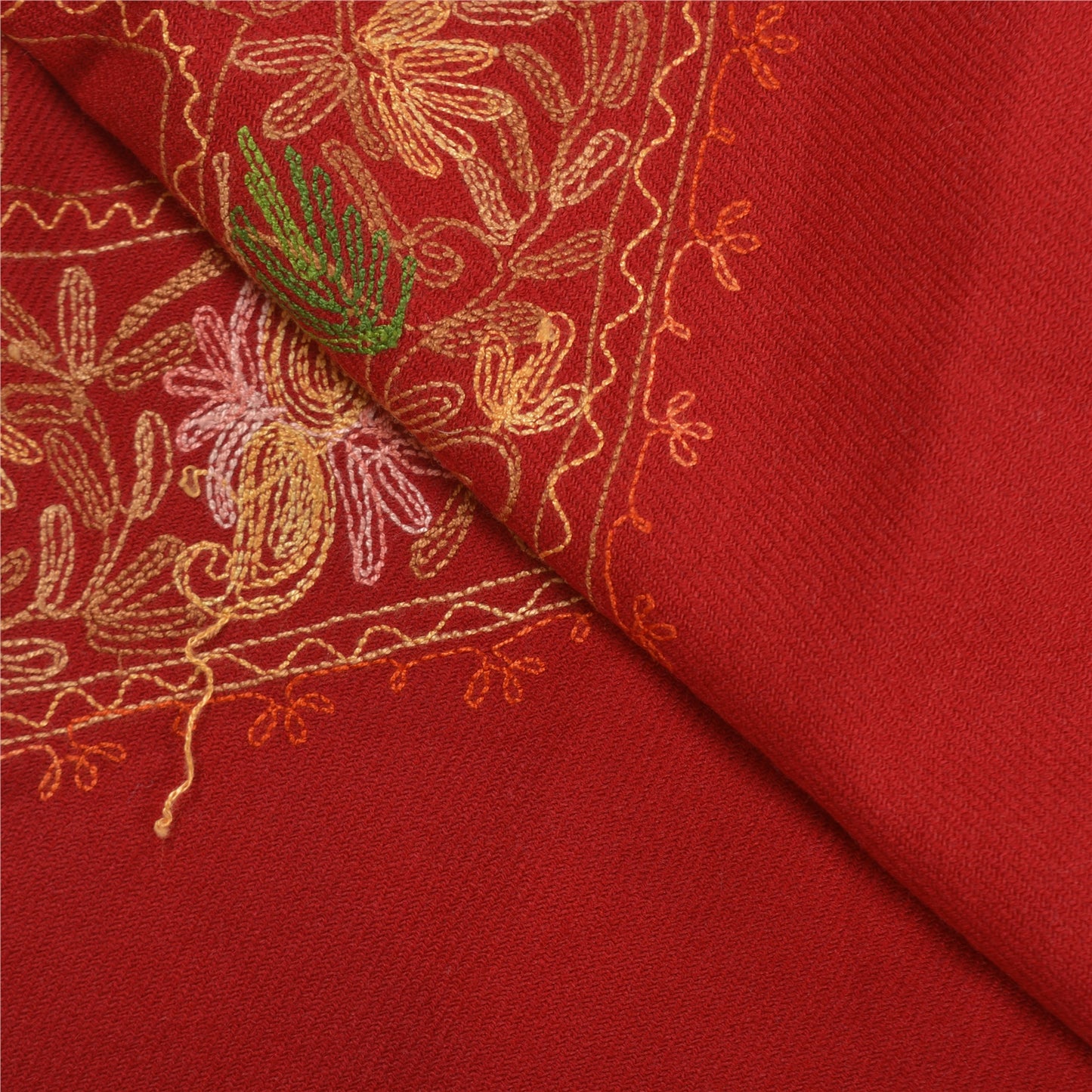 Sanskriti Vintage Long Pure Woolen Dark Red Shawl Handmade Ari Work Scarf Stole