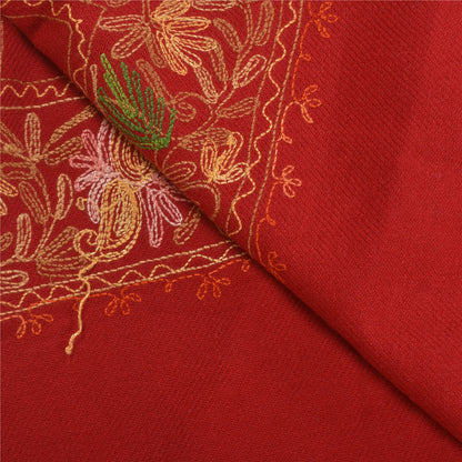 Sanskriti Vintage Long Pure Woolen Dark Red Shawl Handmade Ari Work Scarf Stole