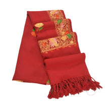 Load image into Gallery viewer, Sanskriti Vintage Long Pure Woolen Dark Red Shawl Handmade Ari Work Scarf Stole
