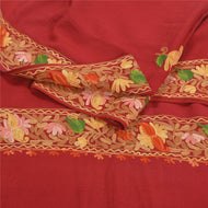 Sanskriti Vintage Long Pure Woolen Dark Red Shawl Handmade Ari Work Scarf Stole