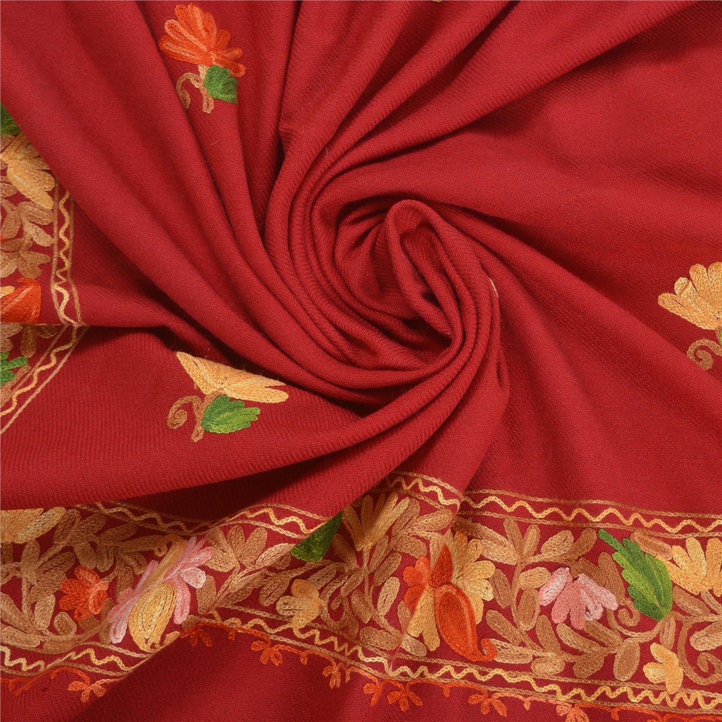 Sanskriti Vintage Long Pure Woolen Dark Red Shawl Handmade Ari Work Scarf Stole