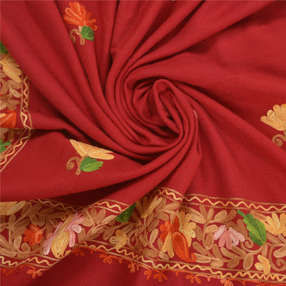 Sanskriti Vintage Long Pure Woolen Dark Red Shawl Handmade Ari Work Scarf Stole